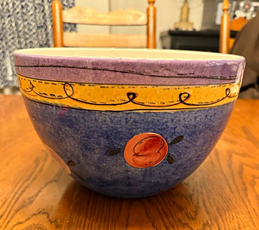Ceramic Serving Bowl Round Fruit Pattern Blue Yellow Purple White 11” Glossy